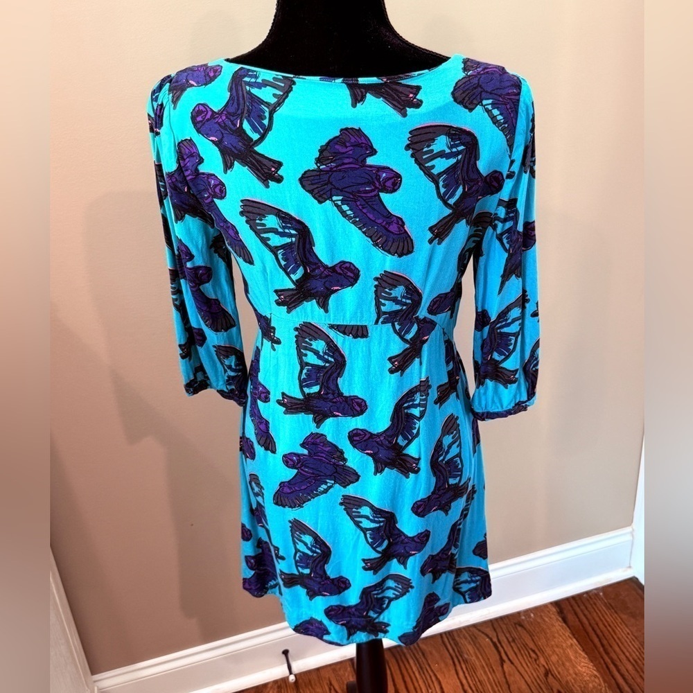 Women’s BODEN Owl Dress Oval Neck 3/4 Sleeve Aqua Navy Blue Tunic Dress. Size 6 - Picture 2 of 5
